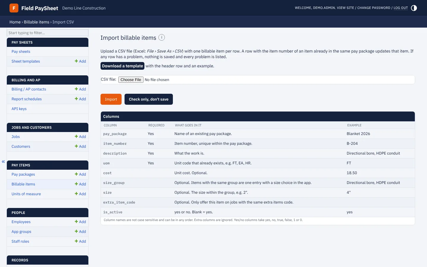 The admin site's spreadsheet import for billable items, with a template download and a list of columns