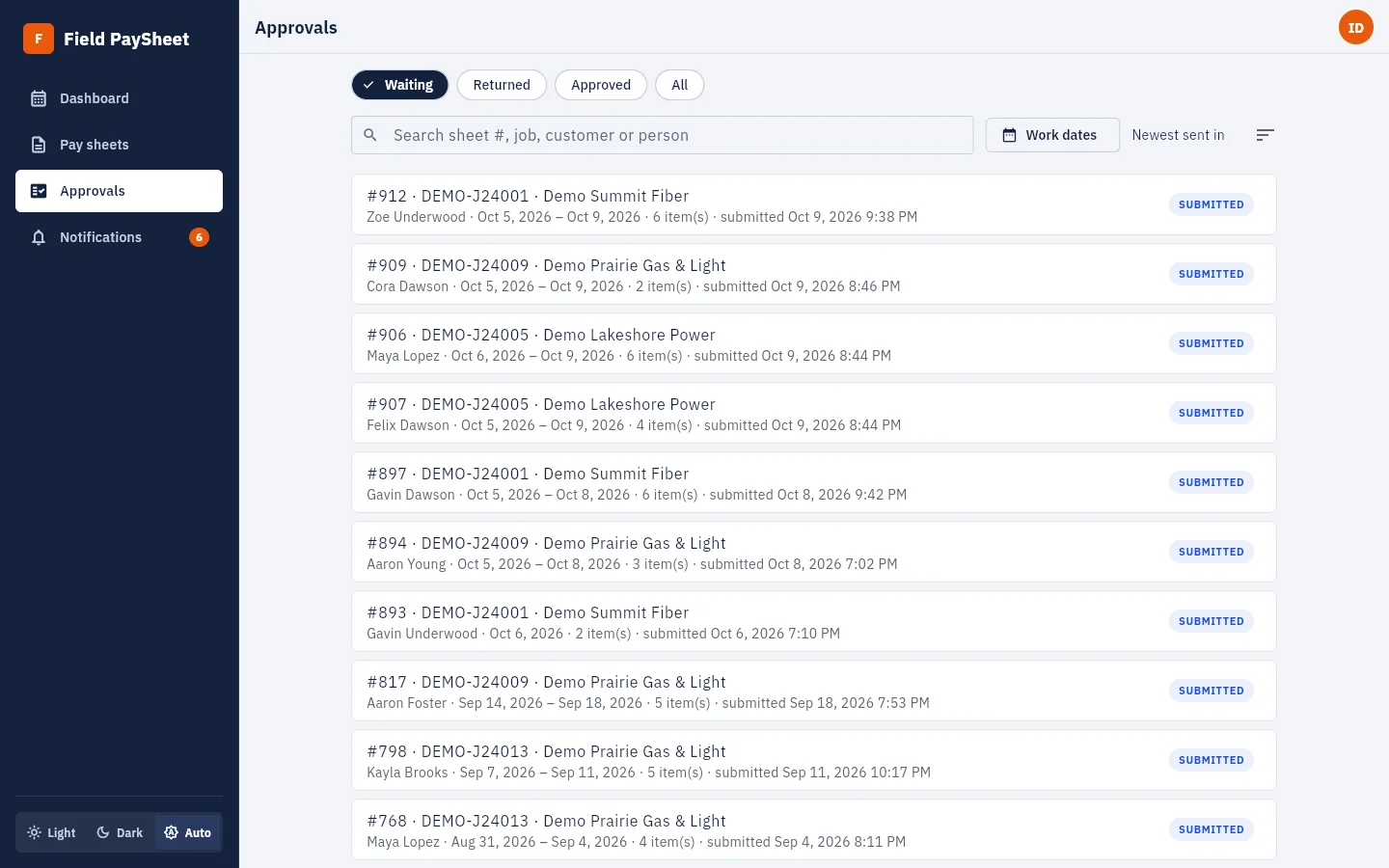 The approvals list with filters for waiting, returned and approved sheets, a search box, work dates and sort order