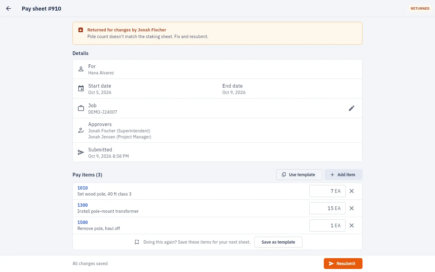 A pay sheet being filled in: job, dates, approvers, pay items with quantities and a Save as template button